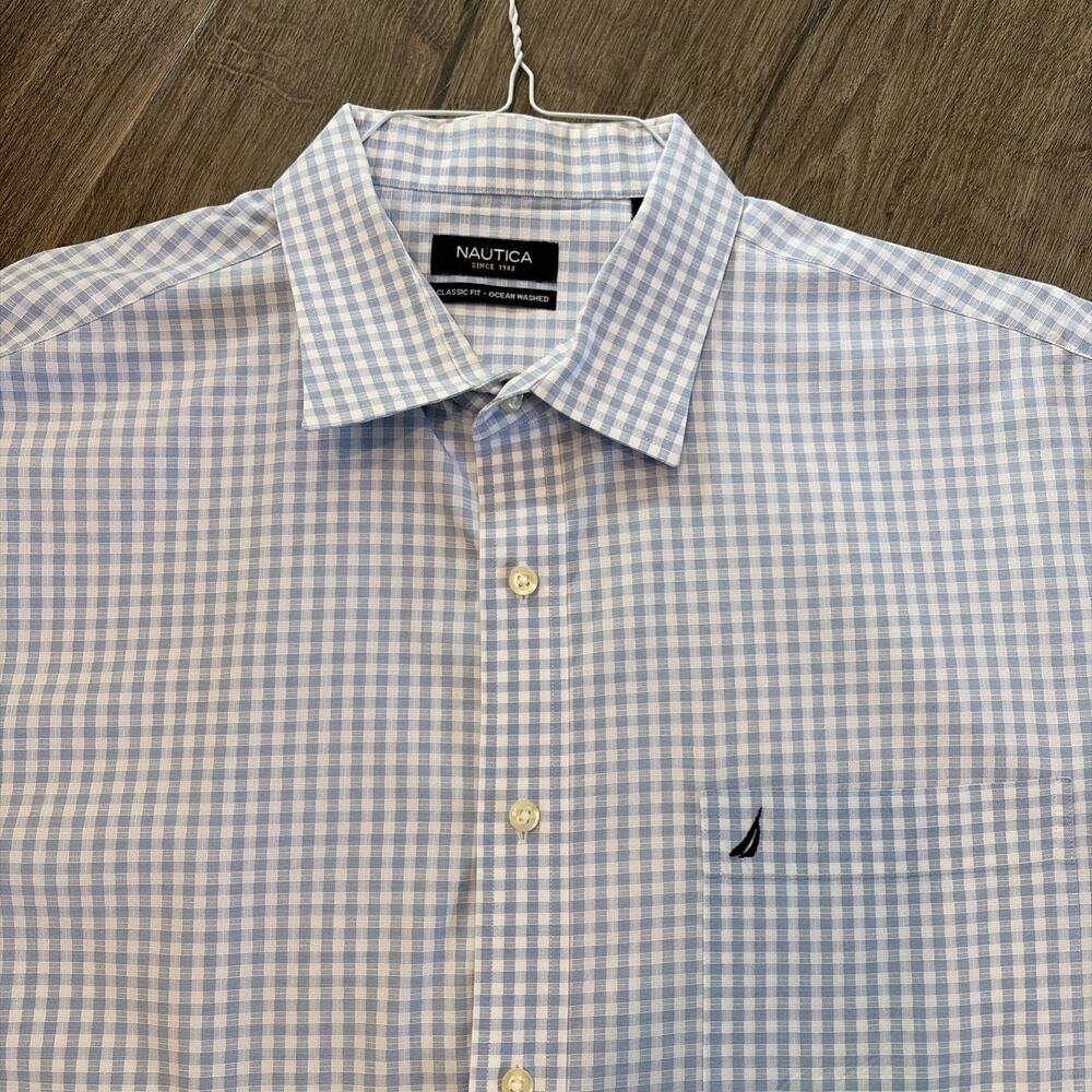 Nautica Men's Long Sleeve Button Down Shirt Ocean Washed Gingham Blue White XL